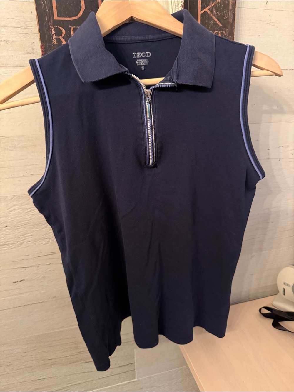 Izod Vintage Navy Sleeveless Polo Tank with Light Blue Trim & 3/4 Zipper